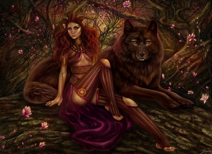 woman sitting beside wolf illustration, forest, girl, trees, flowers, wolf, predator, the demon, art, horns, red, demoness, HD wallpaper