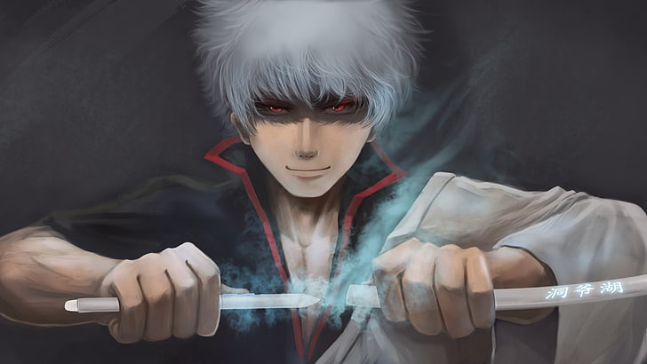 gray haired male anime character illustration, sword, guy, anime, art, Gintama, Gintoki Sakata, HD wallpaper