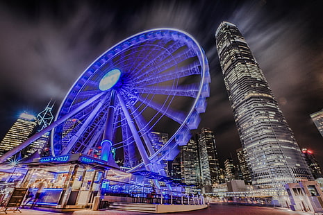 夜間、香港、香港、夜、中に建物の近くの観覧車のタイムラプス写真香港時間、タイムラプス写真、建物、夜間、セントラル、IFC、35mm、F4、ZA、OSS、香港国際、国際金融センター、長時間露光、ILCE-7M2、IFC2、観覧車、有名な場所、照らされた、建築、都市の風景、都市の景観、都市、旅行目的地、都市のスカイライン、タワー、高層ビル、建造物、夕暮れ、旅行、 HDデスクトップの壁紙 HD wallpaper