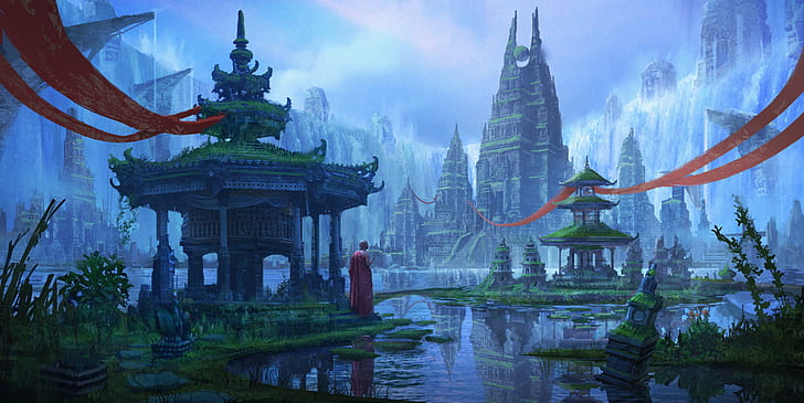 Fantasia, Templo, Monge, Torre, Água, HD papel de parede