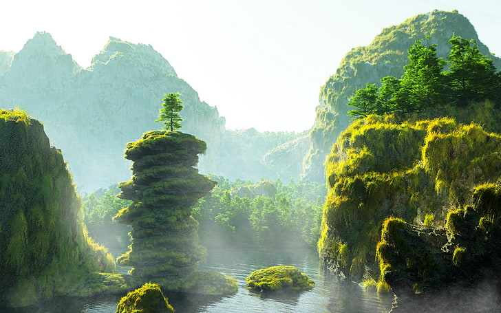 grünes Gras bedeckte Hügel, Fantasiekunst, Landschaft, HD-Hintergrundbild