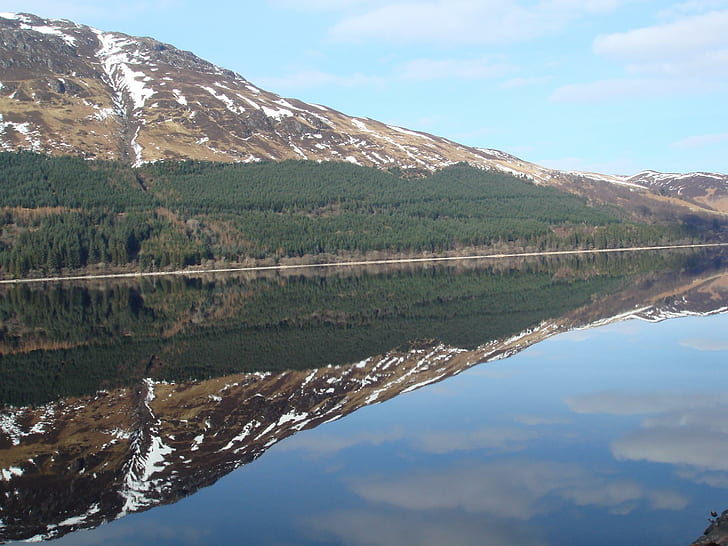 Loch Lochy Reflections, panoramic photo of lake alps, peaceful, loch lochy, reflections, scotland, lochaber, great glen, 3d and abstract, HD wallpaper