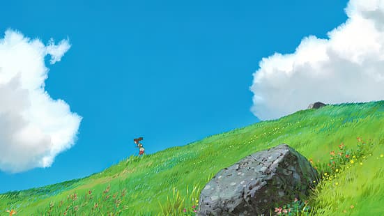 Spirited Away, sen to chihiro, filmy animowane, kadry z filmów, niebo, chmury, trawa, Hayao Miyazaki, lato, Tapety HD HD wallpaper