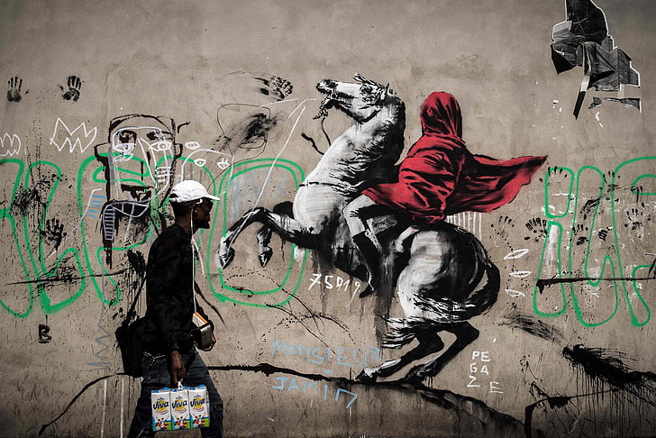 Banksy, graffiti, concrete, urban, horse, men, wall, HD wallpaper
