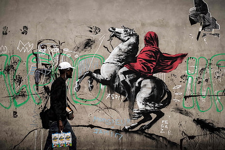 Бэнкси, граффити, бетон, городской, конь, мужчины, стена, HD обои HD wallpaper