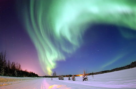snow covered road under aurora borealis, alaska, alaska, Aurora Borealis, colored, in the skies, North Pole, Northern Lights, Bear Lake, Alaska, Beautiful, Christmas, Scene, Skies, Scenic, Nature, snow, covered, road, northern  lights, earth's  atmosphere, magnetic  poles, borealis, bear  lake, usa, astronomy, space, universe, galaxy, christmas  tree, colorful, landscape, night, cold, north  south, south  pole, environment, climate change, global warming, planet, world, xmas, card, travel, sky, photography, filter, pastel, snowing, pastels, art, artwork, digital, clouds, wolves, public  domain, download, creative commons, polar, stars, comets, star - Space, aurora Polaris, winter, blue, HD wallpaper HD wallpaper