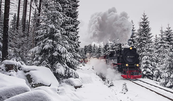 поезд, автомобиль, паровоз, зима, гарц, HD обои