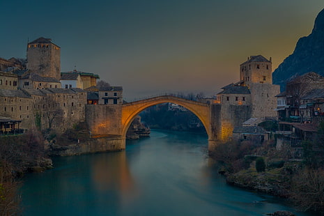 miasto, most, Mostar, rzeka, Bośnia i Hercegowina, stary budynek, Tapety HD HD wallpaper