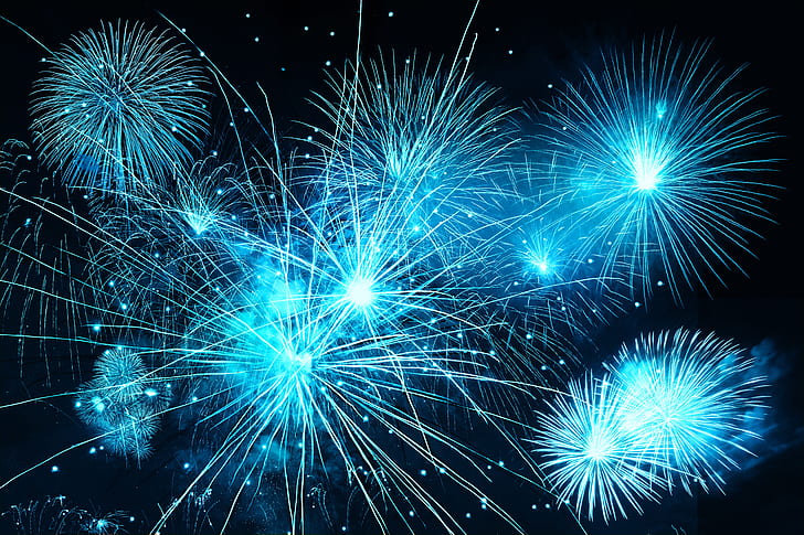 fireworks, sky, flash, holiday, blue, sparks, bright, HD wallpaper