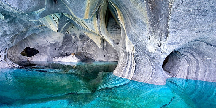 graue Felsformation im Wasser, See, Höhle, Chile, Abnutzung, Türkis, Wasser, Patagonia, Natur, Landschaft, Marmor, Insel, HD-Hintergrundbild