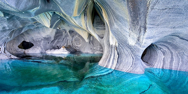 formación de roca gris en agua, lago, cueva, Chile, erosión, turquesa, agua, Patagonia, naturaleza, paisaje, mármol, isla, Fondo de pantalla HD HD wallpaper