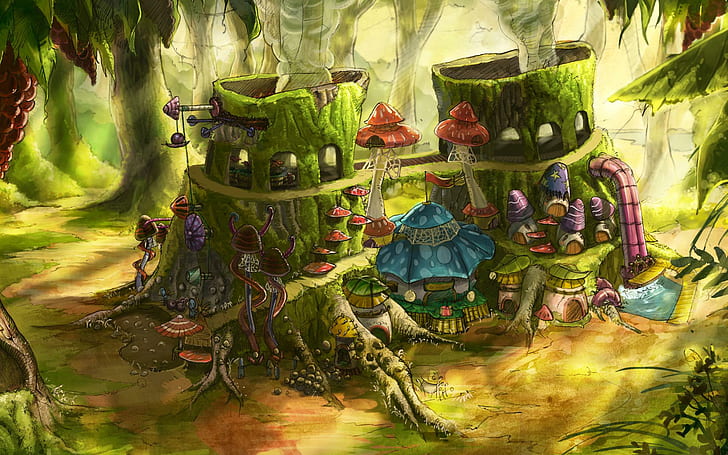 Pilzhäuser, grüne Zwerge, die Illustration, Fantasie, 1920x1200, Pilz, Haus bewohnen, HD-Hintergrundbild