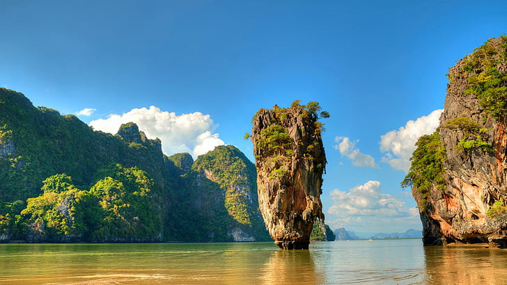 isla james bond, vegetación, isla, pila de mar, cielo azul, zonas tropicales, roca, atracción turística, bahía, formación rocosa, ko tapu, phang nga, tailandia, phuket, Fondo de pantalla HD