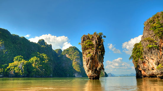 james bond island, vegetation, island, sea stack, blue sky, tropics, rock, turistattraktion, bay, rock formation, ko tapu, phang nga, thailand, phuket, HD tapet HD wallpaper