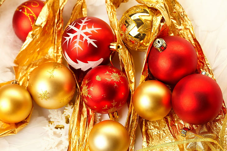 Bolas de férias de Natal, 5 enfeites de natal de vermelho e 5 de ouro, diversos, natal, feriados, bolas de natal, bolas, HD papel de parede