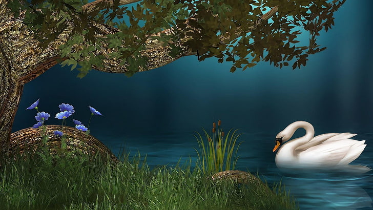 weißer schwan, see, beschaffenheit, regnerischer tag, malerei, artikel, HD-Hintergrundbild