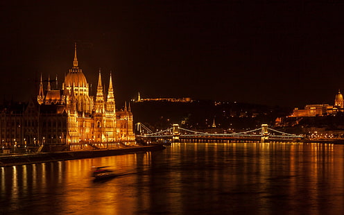 Будапешт, Венгрия, здание венгерского парламента, Цепной мост, ночь, архитектура, мост, HD обои HD wallpaper