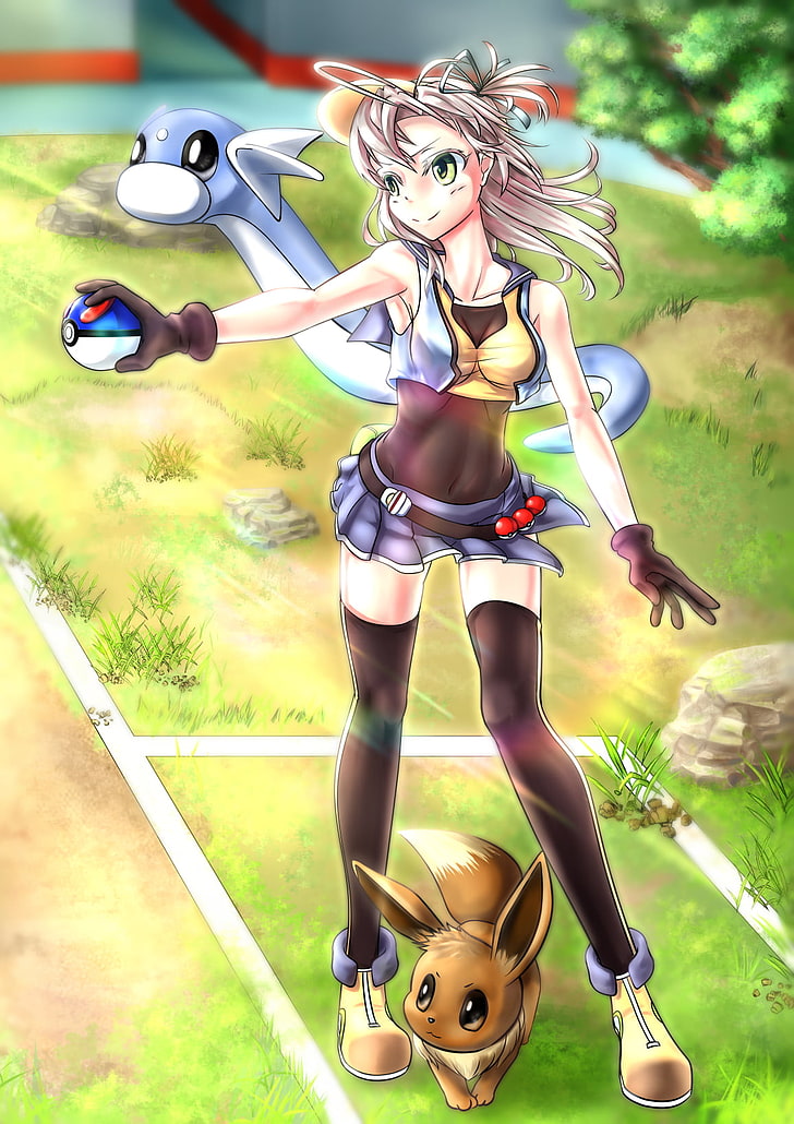 Anime, Anime Girls, Pokémon, Pokemon Go, Pokémon-Trainer, lange Haare, graue Haare, Rock, Strümpfe, HD-Hintergrundbild, Handy-Hintergrundbild