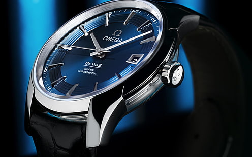 Omega-Fashion часы марки с рекламными обоями, круглое синее лицо, серебристые аналоговые часы Omega, HD обои HD wallpaper