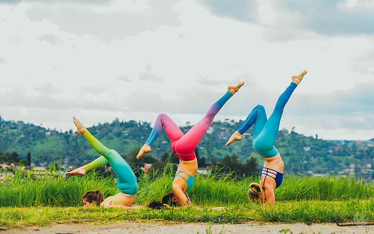 women, model, yoga pants, yoga, ponytail, nature, HD wallpaper