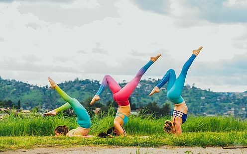 donne, modella, pantaloni da yoga, yoga, coda di cavallo, natura, Sfondo HD HD wallpaper