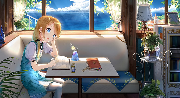 anime girl, sommer, blondine, couch, blaue augen, anime, HD-Hintergrundbild