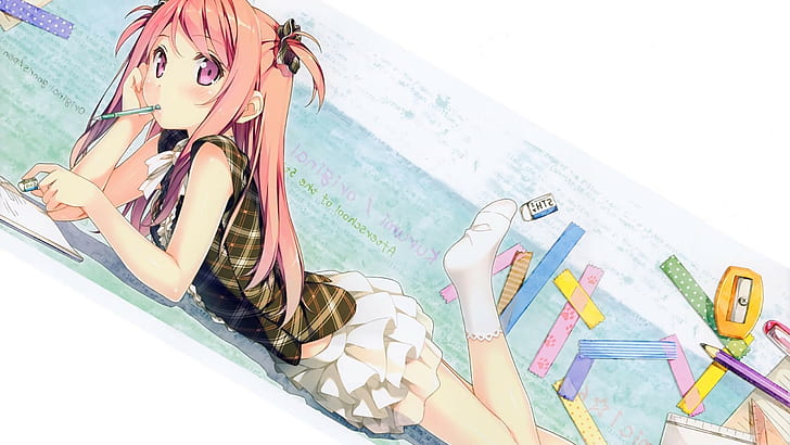 аниме аниме девочки школьная форма плед розовые глаза розовые волосы носки юбка оригинальные персонажи кантоку послешкольные 5-го года, HD обои