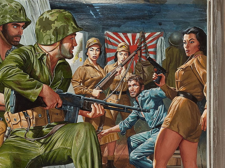 солдатская роспись, оружие, девушки, фигура, флаг, арт, выпуск, пленник, американские солдаты, японские солдаты, HD обои