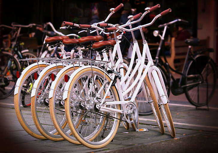 Mehrere weiße Cruiser-Bikes, Fahrräder, Parkplatz, Straße, HD-Hintergrundbild