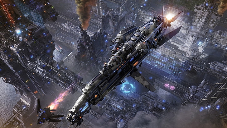 серый линкор обои, научная фантастика, космический корабль, произведения искусства, футуристический, цифровое искусство, Supreme Commander, видеоигры, HD обои