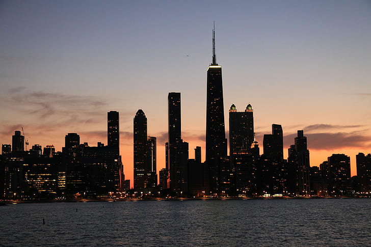 perkotaan, Chicago, Menara Sears, matahari terbenam, lampu kota, lanskap kota, bayangan hitam, Wallpaper HD