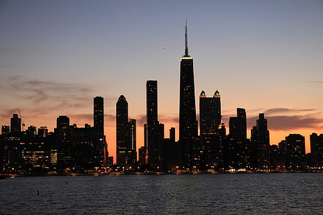 urbano, Chicago, Torre Sears, puesta de sol, luces de la ciudad, paisaje urbano, silueta, Fondo de pantalla HD HD wallpaper