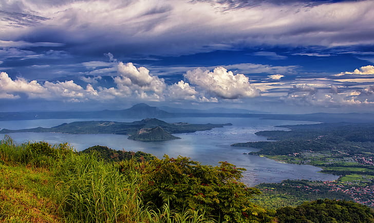 green trees surrounded by body of water under cloudy sky, taal lake, tagaytay, philippines, taal lake, tagaytay, philippines, Taal Lake, Volcano, Tagaytay, Philippines, green, trees, body of water, cloudy, sky  Pacific, Pacific Ring of Fire, Tropical, Taal, Volcano  crater, caldera, eruption, Batangas, Vista Hotel, Luzon, Volcano Island, Yellow, picturesque, Scenic, Asia, Lake  Ridge, Water, nature, mountain, scenics, landscape, sea, island, cloud - Sky, outdoors, HD wallpaper