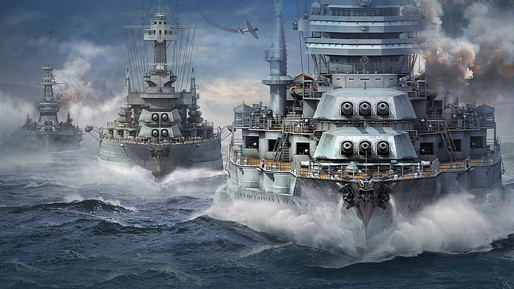 carta da parati digitale con tre battleships, Wargaming Net, WoWS, World of Warships, The World Of Ships, Sfondo HD