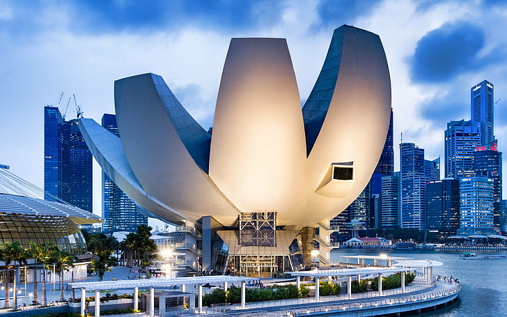 grey concrete architectural structure, art science museum, maria bay sands, singapore, HD wallpaper