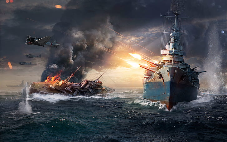 عالم السفن الحربية ، 2 بوارج ، رسم توضيحي ، عالم سفن حربية ، نار ، سفن، خلفية HD