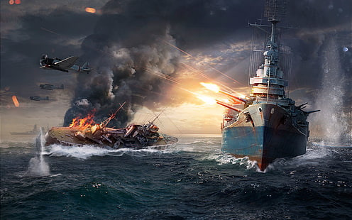 World of Warships, 2 battleship illustration, world of warhips, fire, ships, HD tapet HD wallpaper