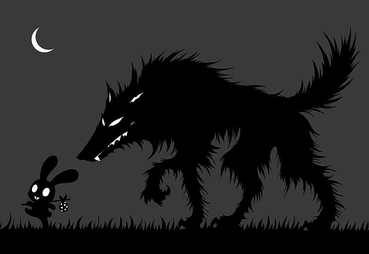 wolf and rabbit silhouette art, grass, night, danger, the moon, wolf, hare, a month, silhouette, art, black and white, carelessness, monochrome, knapsack, HD wallpaper