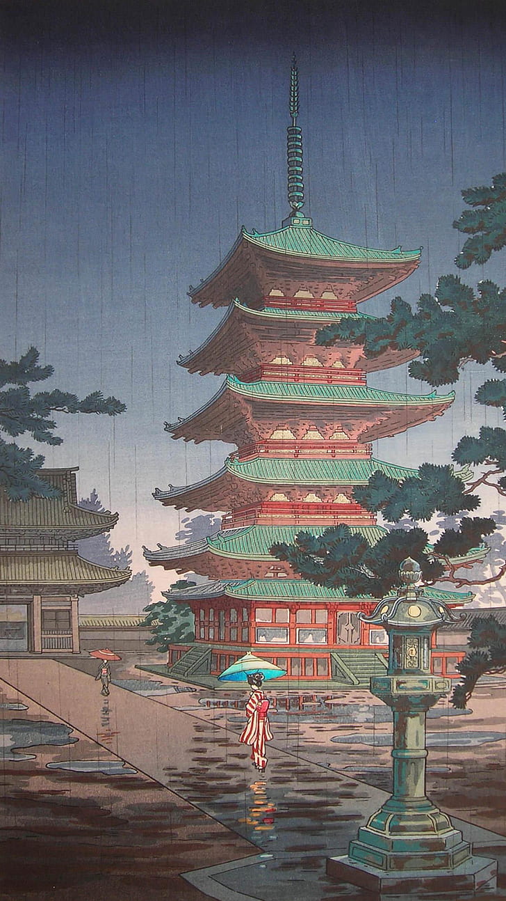 Japanische Kunst, Malerei, Tempel, Bäume, HD-Hintergrundbild, Handy-Hintergrundbild