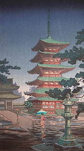 Japon Sanatı, Boyama, Tapınak, Ağaçlar, HD masaüstü duvar kağıdı HD wallpaper