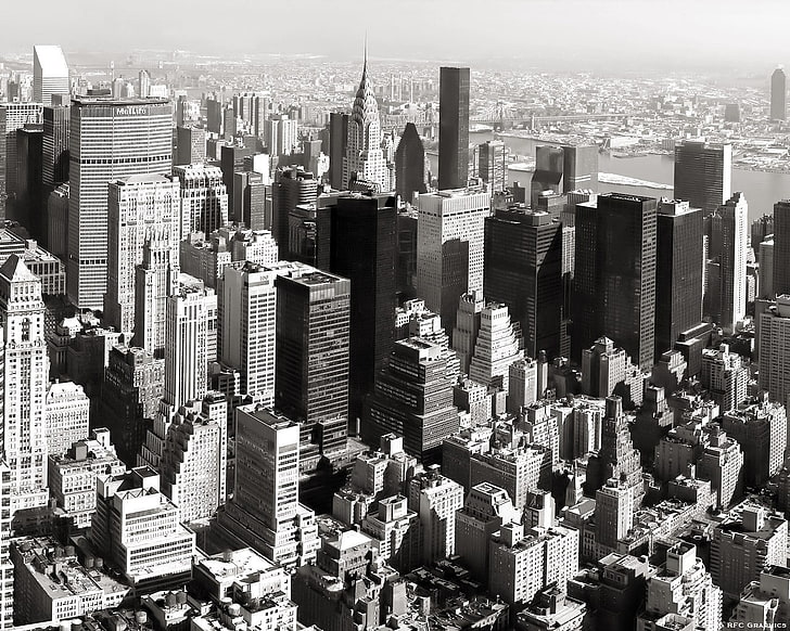 grayscale photo of Empire State Building, city, cityscape, New York City, USA, Manhattan, aerial view, urban, skyscraper, HD wallpaper