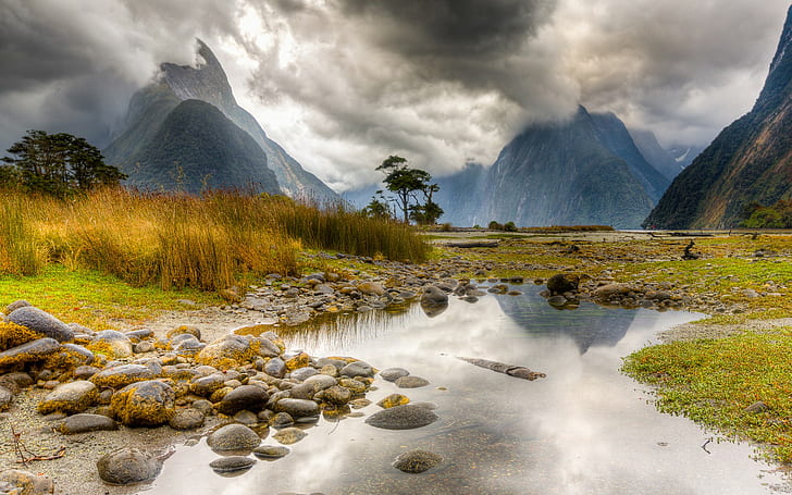 ميلفورد ساوند ، نيوزيلندا ، الجبل ، البحيرة ، صوت ميلفورد ، نيوزيلندا، خلفية HD