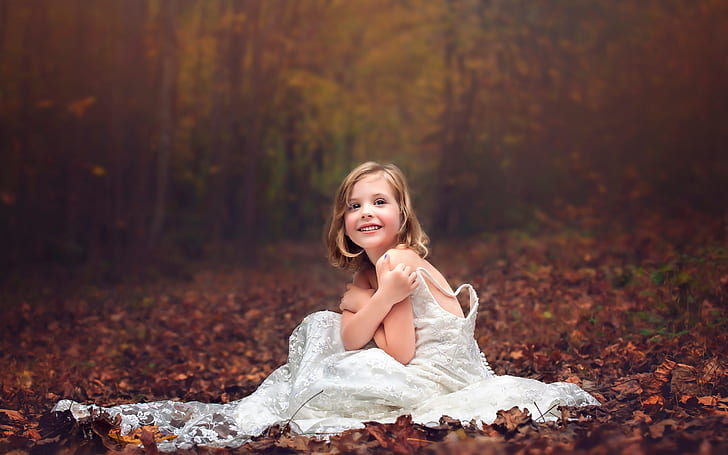 Vestido de novia niña, bosque, otoño, boda, vestido, poco, niña, bosque, otoño, Fondo de pantalla HD