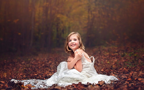 Wedding dress little girl, forest, autumn, Wedding, Dress, Little, Girl, Forest, Autumn, HD wallpaper HD wallpaper