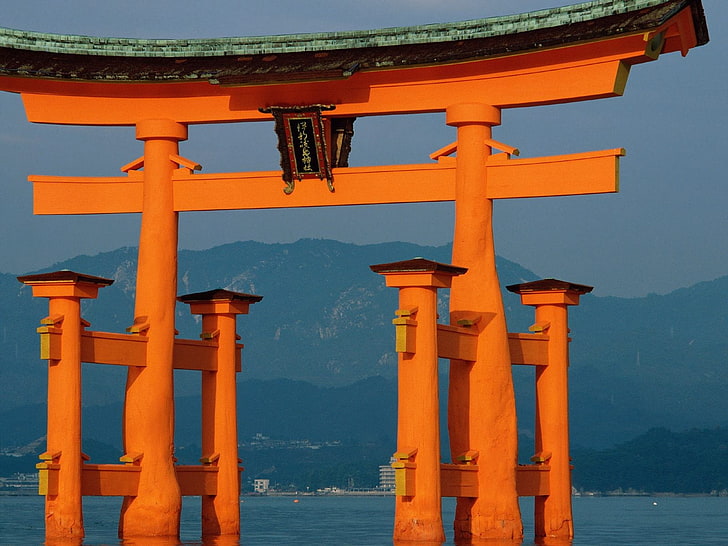 torii, Asian architecture, mountains, Japan, sea, HD wallpaper