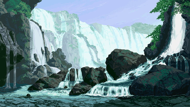 Gemälde von Wasserfall, digitale Kunst, Pixelkunst, Pixel, pixelig, Natur, Landschaft, Rock, Steine, Wasserfall, Bäume, Garou: Mark der Wölfe, HD-Hintergrundbild