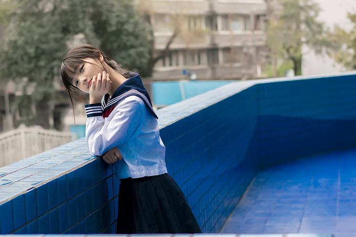 소녀의 흰색, 파란색 및 빨간색 교복, JK, 아시아, 어린이, HD 배경 화면