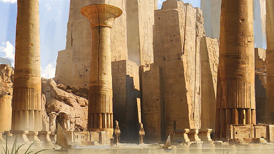 Фэнтези, Руины, Колонны, Египетский, Храм, HD обои HD wallpaper
