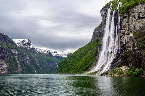 Natureza, Montanhas, Cachoeira, Noruega, Paisagem, Ålesund, Geirangerfjord, O fiorde, HD papel de parede HD wallpaper