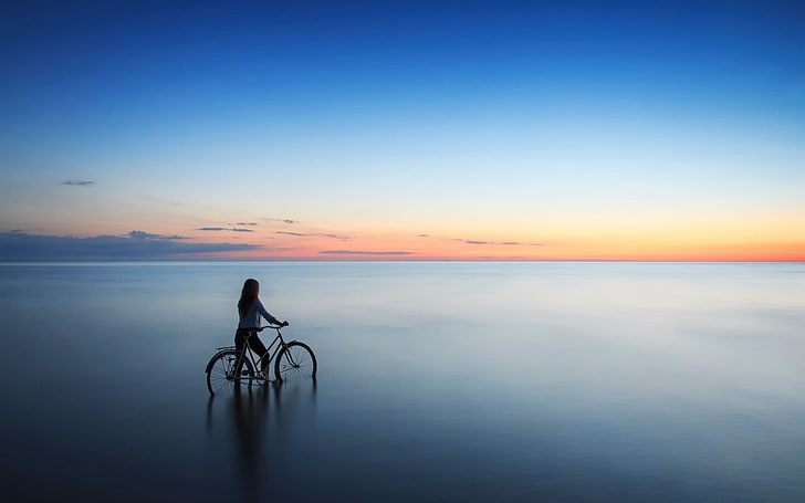 women outdoors, sea, bicycle, Latvia, sunset, sky, horizon, women, HD wallpaper
